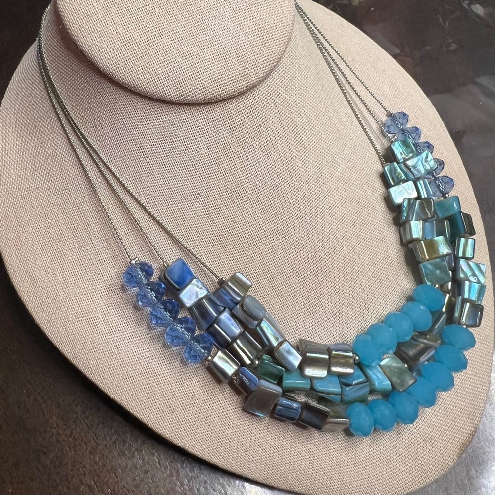 Blue Shell Bead Abalone Statement Necklace Fashion Jewelry Three Strand‎ 17 in - Picture 4 of 5